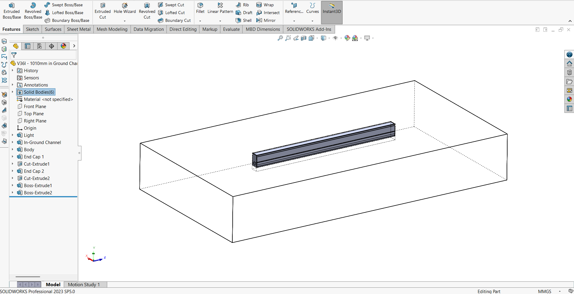 In-ground linear luminaire in SolidWorks, with the LED channel as a separate body